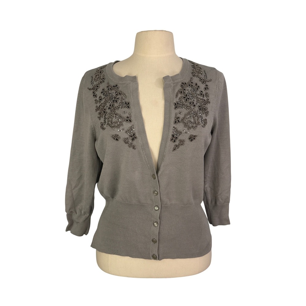 Talbots Soft‎ Gray Silk Embellished Beaded Cardigan Sweater 3/4 Sleeve Size L